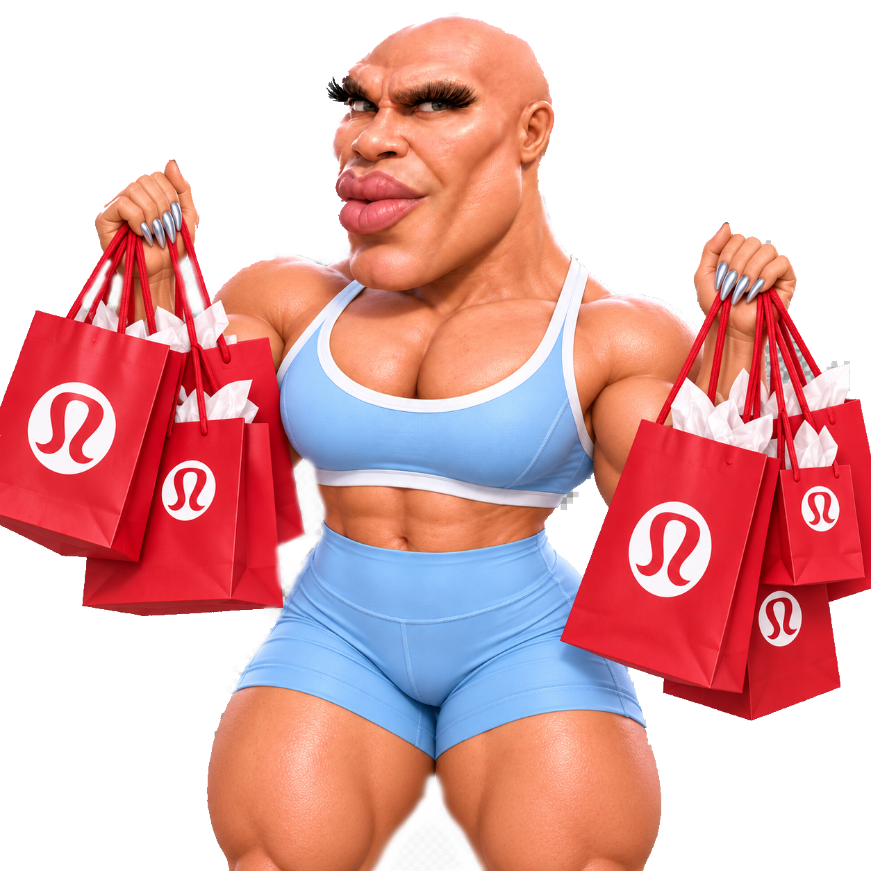 Lululemon Final Boss flexing with red shopping bags